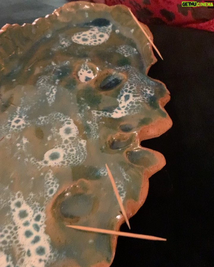 Kether Donohue Instagram - I handbuilt my dear friend @alysewhitney a serving platter!!! The fingerprint holes are for olives! And the “mistake” dents are for toothpick holders!! Was going for an oceanic vibe. I didn’t give it to her for months after making it bc I was sad to see it go after spending time with it but now can’t wait for Alyse’s next dinner party ☺️♥️ #handbuildingpottery (sound on for tour of the platter 🤣) & @matrushkastyle dress in pic 4 👗