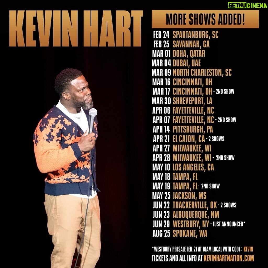 Kevin Hart Instagram - JUST ANNOUNCED! More shows added in Westbury NY, Cincinnati, Fayetteville, Milwaukee, and Spokane! Presale for Westbury, NY begins this Wednesday at 10AM local with code: KEVIN Then headed to Spartanburg and Savannah this weekend! Get your tickets and all info at KEVINHARTNATION.COM ….LETS GOOOOOOOOO!!!!!!! CLICK THE LINK IN MY BIO AND GET YO TICKETS ASAP!!!!!!! They are going fast …..MORE DATES COMING SOON!!!!! Stay tuned