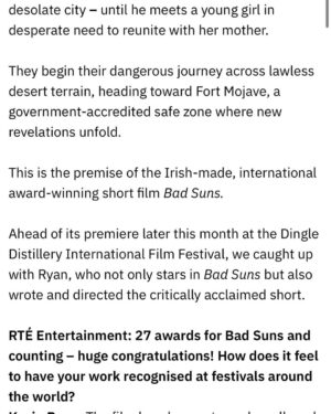 Kevin Ryan Instagram - Massive thanks to @rteone @rte_entertainmentonline for such a great piece on @badsunsfilm LINK IN BIO for full article