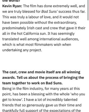 Kevin Ryan Instagram - Massive thanks to @rteone @rte_entertainmentonline for such a great piece on @badsunsfilm LINK IN BIO for full article