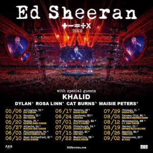 Khalid Instagram - So excited to join my bro Ed Sheeran on tour! This will be my first time performing on a stadium run, and I’m extremely happy to be doing it with @teddysphotos 🥹 can’t wait to see and perform for all of you beautiful people (pun intended hahaha) pre-sale starts Oct. 12th!