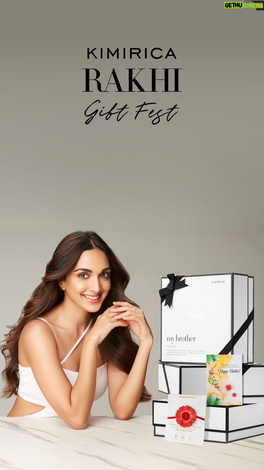 Kiara Advani Instagram - This Raksha Bandhan, pamper your siblings with my favourite @kimirica.shop. ✨ Show your affection with their thoughtful gift boxes filled with luxurious self-care essentials, a sustainable, eco-friendly Rakhi and abundance of love! Gift your brothers and sisters the very best this Rakhi… gift them KIMIRICA 🤍 #KiaraAndKimirica #RakhiGifting #Kimirica #ad