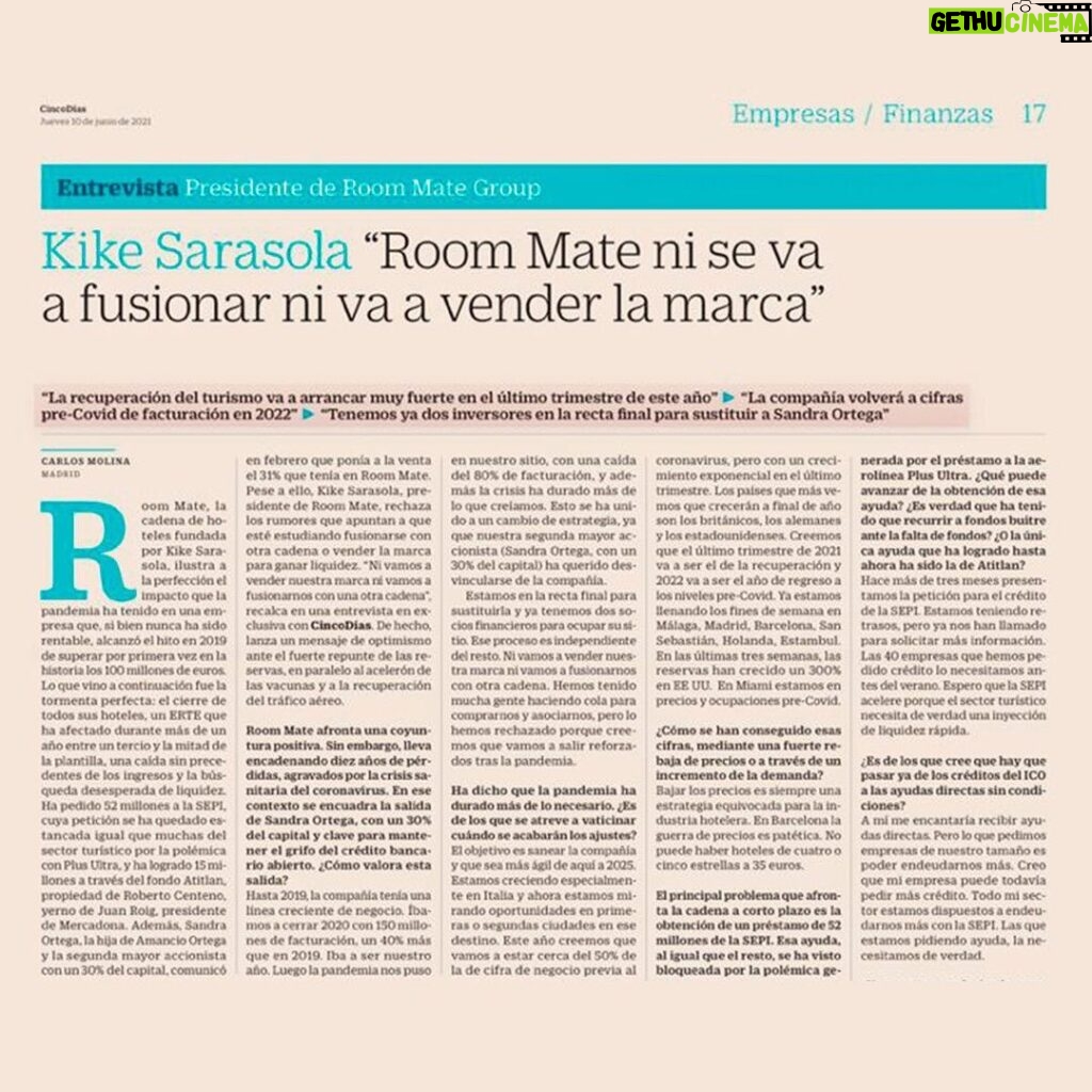 Kike Sarasola Instagram - Ni voy a vender ni voy a fusionar la marca Room Mate. Soy muy optimista con la recuperación del turismo y estoy convencido de que volveremos a disfrutar de los viajes como antes. Muchas gracias @cincodias_ por la entrevista 👏 #RoomMateHotels #ILoveRoomMate #SectorTurístico