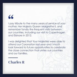 Queen Elizabeth II of the United Kingdom Instagram - A message from His Majesty The King to Their Majesties King Frederik X and Queen Mary on the day of their accession to the throne of the Kingdom of Denmark.

🇩🇰 Et budskab fra Hans Majestæt Kong Charles III til Deres Majestæter Kong Frederik X og Dronning Mary på dagen for tronbestigelsen i Kongeriget Danmark.

@detdanskekongehus