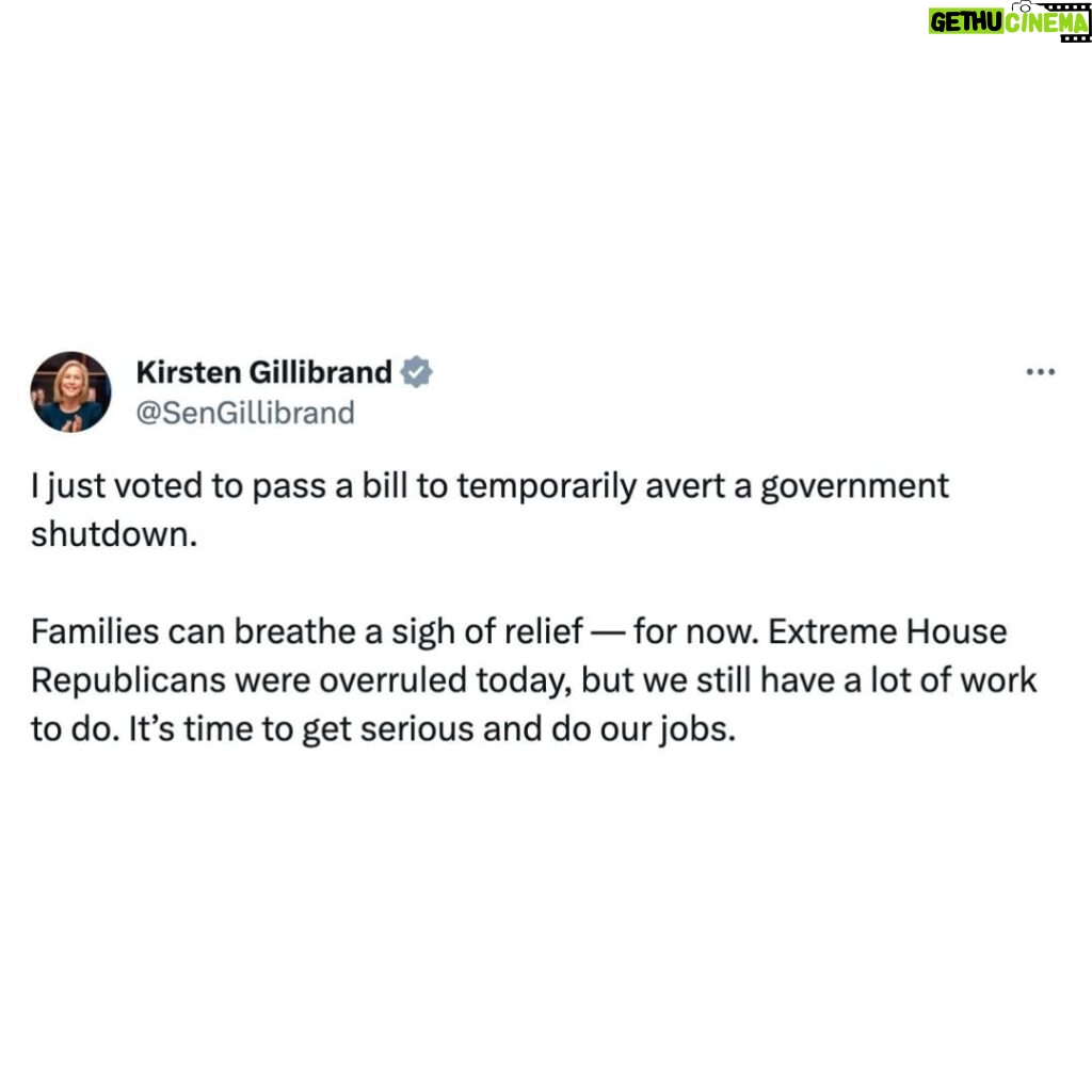 Kirsten Gillibrand Instagram - I just voted to pass a bill to temporarily avert a government shutdown. Families can breathe a sigh of relief — for now. Extreme House Republicans were overruled today, but we still have a lot of work to do. It’s time to get serious and do our jobs.