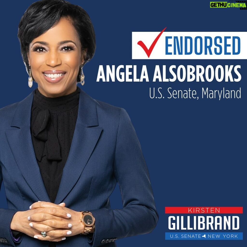 Kirsten Gillibrand Instagram - I'm so proud to endorse @alsobrooksformd to become Maryland's next senator! Angela has experience and a proven track record of delivering for Marylanders, and I can't wait to have another champion for women and working families in the Senate!
