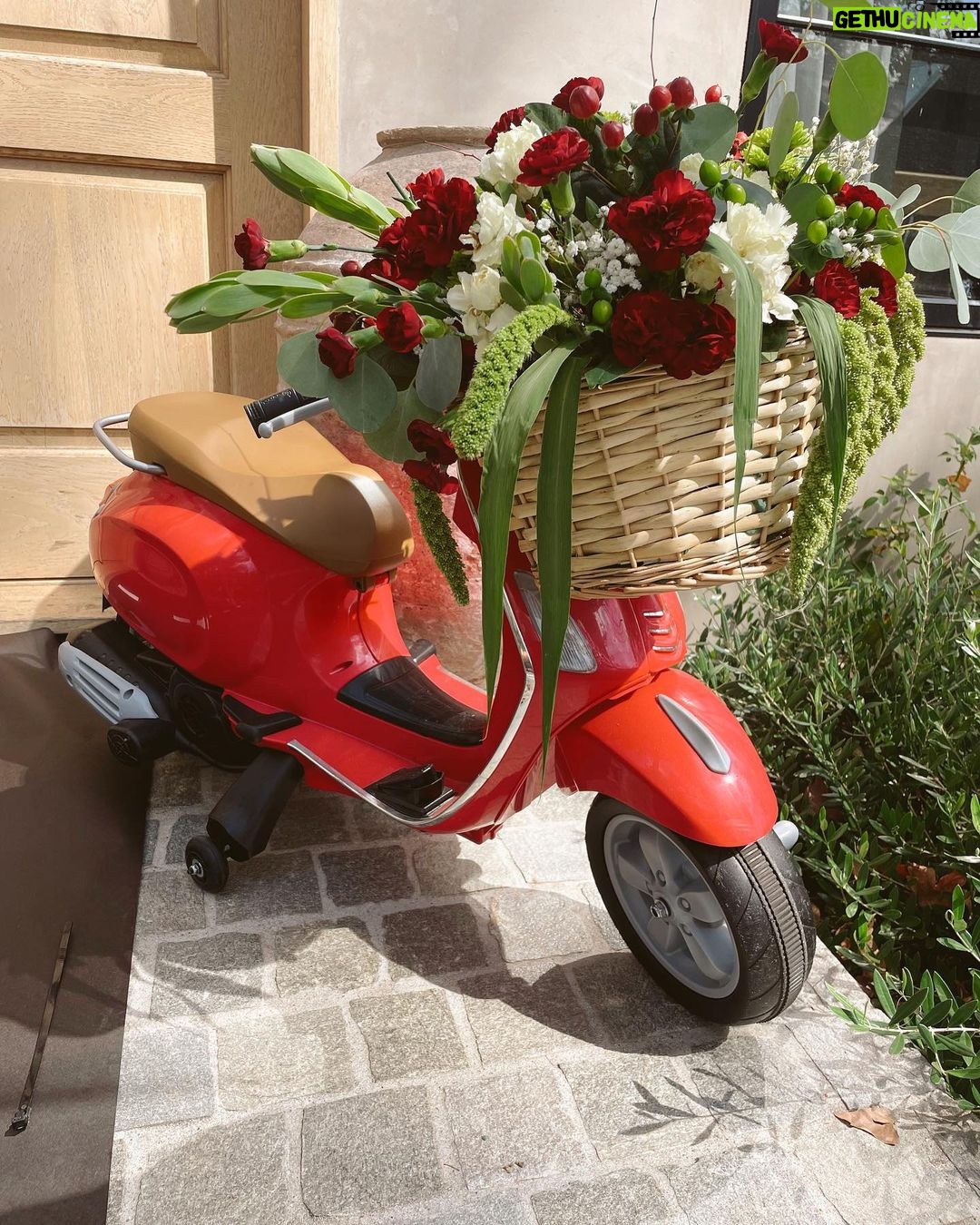 Kristen Bell Instagram - Celebrating @f1 Italy to the MAX. Buckeye meatballs, breakfast pizza and fuel can water. Thank you @redbullracing for the single-seater who took pole position in front of the house. #monza Floral vespa by @erikajaye Linens by @heathertaylorhome Race plates from @bonjourfete
