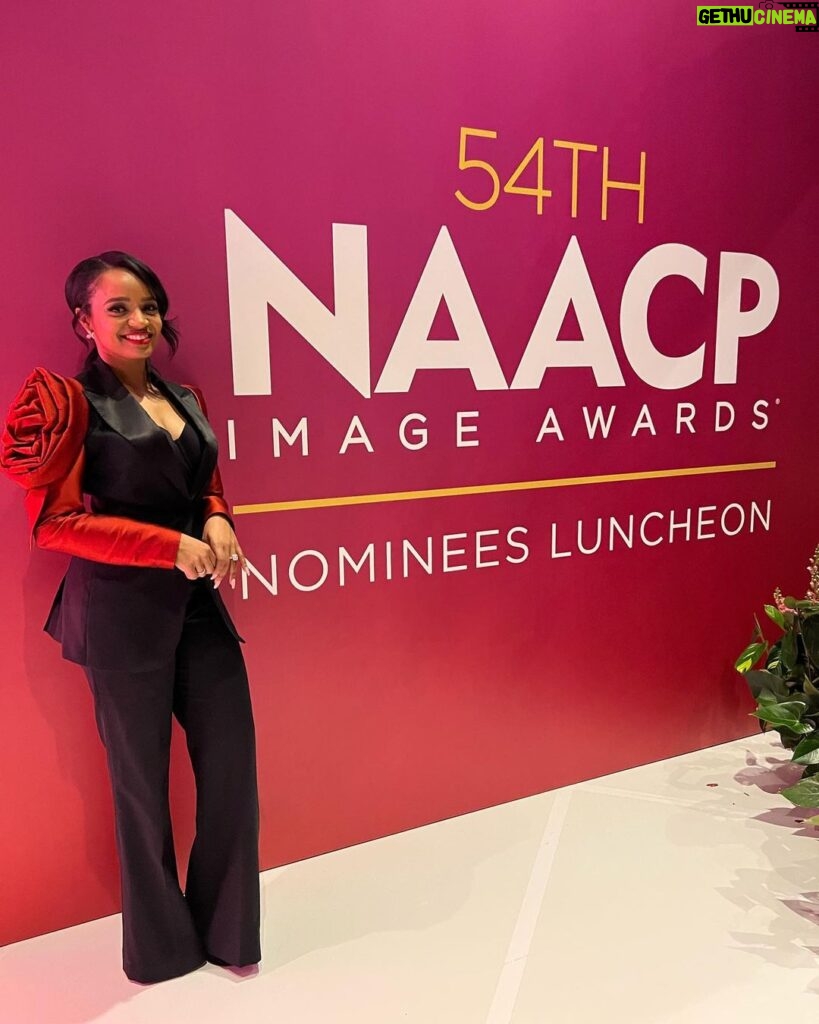 Kyla Pratt Instagram - One more time for this suit 🌹 And my date ☺ Ma 💋 @naacpimageawards nominee luncheon ❤🖤 Hair @a1hair_ Make up @makeupbykweli Styled by @v.msmith Suit @cristallini_official Jewelry @sterlingforever Www.naacpimageawards.net Go Vote Now 😜