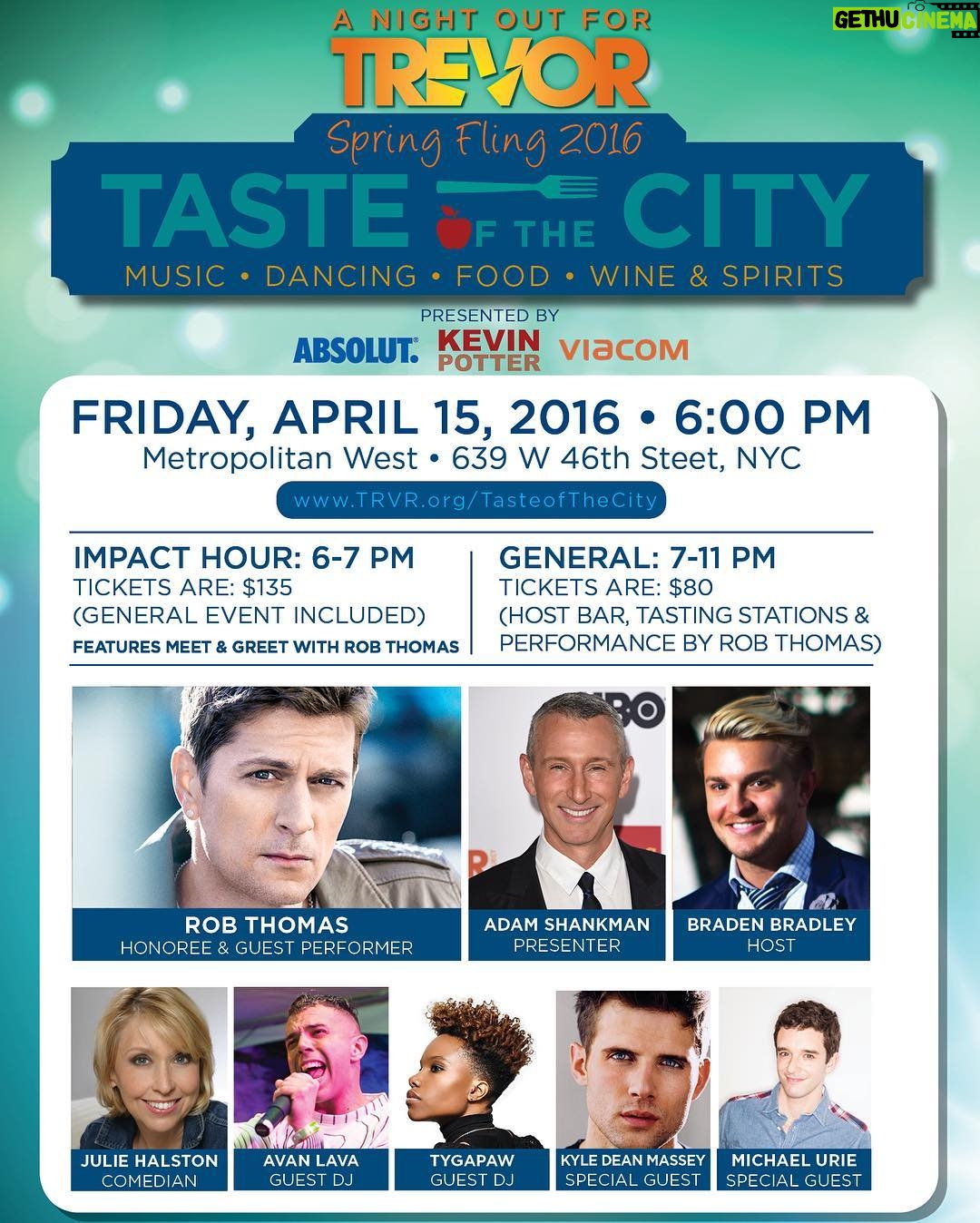 Kyle Dean Massey Instagram - Join me at #TasteoftheCity honoring @ThisIsRobThomas April 15. Supporting @TrevorProject Buy tix today!