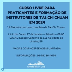 Laércio Fonseca Instagram - O Tai Chi é uma prática holística que oferece uma série de benefícios, não apenas para a saúde física, mas também para a saúde mental e emocional. Sua abordagem suave e centrada na consciência torna-o acessível a uma ampla variedade de pessoas, independentemente da idade ou nível de condicionamento físico.

Se você quer saber mais sobre essa arte milenar e como você pode mudar sua vida através dessa prática , em 2024 teremos um Super Curso de Tai Chi com duração de 1ano 😁😍 

O curso será ministrado em 12 módulos, sendo um final de semana por mês (Início sábado às 09:00 e término domingo às 15:30) no Espaço Caminho da Luz em Limeira, interior de São Paulo.

Teremos aulas teóricas sobre a filosofia do Tai Chi bem como todas as práticas corporais e os Katis “WU SAN DJI TAO”, “O GRANDE CÍCRULO” e “KATI DA ESPADA” que consiste em uma serie preestabelecida de movimentos com base nos elementos da natureza e dos animais. 

Para o “Kati da Espada” será cedida uma espada de treino, que o aluno poderá levar para a casa para continuar com as práticas. 
Este curso oferece certificado de conclusão que é valido para ministrar aulas no estilo Wu San Dji Tao.

Esperamos por você!🥰

Maiores Informações em nosso site: https://laerciofonseca.com.br/produto/curso-livre-para-praticantes-e-para-formacao-de-instrutores-de-tai-chi-chuan-turma-2024-pacote-completo/