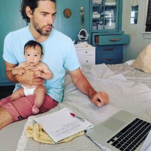 Lachlan Patterson Instagram - Some shots from pre&post production of my Comedy Special Dark White.
1. 1 month before taping. Me transcribing my set with one hand. My little guy is 3 months.
2. Experimenting with fonts. This one is terrible. I did not use. Can't remember what it's called.
3. In command of the ship. Sean Oakley trying to remove the sound of a sqeaky door throughout the entire special. He's a master. You won't hear it. 
4. Beers and edits with director @broncobenshea? Why not.
5. Lost my kid on that joke.  @stublen1138 tryin to fix it in post.
6. Director @broncobenshea trying hard to  hug co-editor @stublen1138.
7. Last minute safe edits at me casa with @stublen1138