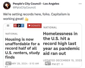 Lady Bunny Instagram - I’m hearing on cable news that the stock market is at a record high and unemployment is low as indicators that Bidenomics is working. Then I see stuff like this. You see, when the stock market is booming, this only benefits those wealthy enough to invest. Clearly, you aren’t investing if you can barely afford rent or are homeless. To them, stock fluctuations mean zilch. 

Shocker: I’m not going to fault Biden alone for this. I’m going to fault all corporate politicians. They work for corporations, not you. They can be Democrats or Republicans. As a progressive, I was proud of that part of the movement. Our candidates, from Bernie to AOC, refused PAC money, suggesting that they would work harder for we the people. 

These new figures on unaffordable rent and rise in homelessness reminds me—you seldom hear the word poor any more. We heard that word a lot from MLK, whose birthday we just celebrated. If you don’t hear about poverty, I know you ain’t hearing no solutions to it!

Trump is in real estate—you know he’s not trying to find needy people homes! Is Biden offering solutions? This was one big reason I gripe about all wars. I’d much rather have that $115 billion spent on housing for the needy than on weapons and bombs to kill people. I reckon we should’ve had our fill of that by now, right?