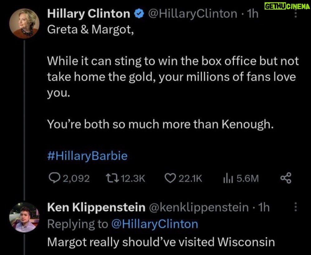 Lady Bunny Instagram - Hillary Clinton had a clever tweet comparing Barbie’s Oscar snub to her 2016 loss, in which she got a majority of votes but still lost to Trump due to the electoral college. I’m not a Hillary fan, but her tweet is cute. But the comment by Ken Klippenstein takes the wind out of Hillary’s sails. It refers to Hillary not bothering to campaign in Wisconsin, which was only one Rust Belt state she lost and didn’t campaign in. Those swing states decided the election. And few Democrats can admit it, but Hillary handed the White House to Trump by sucking so hard. Most Democrats blame anyone from Jill Stein to Putin to Roseanne to Chachi before they’ll lay blame where it belongs: with Hillary and her poor campaign and a platform promising little. Few Democrats admit this either: Hillary’s campaign used her contacts in the media to boost the crazier GOP candidates like Ben Carson and Trump. Sadly, she boosted Trump effectively and he beat her. Hillary fans will still try to claim “She was right about everything.” I guess they forgot how she and the DNC cheated her primary opponent, Bernie Sanders, causing DNC chair Dennis Wasserman Schultz to resign in disgrace.
