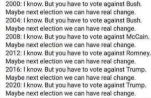 Lady Bunny Instagram - I left the Dem party in 2016 after they cheated the first candidate I ever sent a donation to: Bernice Sanders. Loving in a solidly blue state, where the Democrat will always win, I could vote Green Party or Cornel West or Marianne Williamson or write in Shirley Chisholm and Biden would still win in NY. Same as in a solidly red state—the GOP candidate will always win. Voters in swing states who vote Democrat but switch to 3rd party could be said to help Trump’s tally beat Biden’s. That assertion assumes that Biden ever had their votes in the first place, though. He never had mine, and with his shameful actions in the Middle East, I’m glad the blood of Palestinians isn’t on my hands. 

But this meme is telling. My mom told me she’s had to vote for the lesser of two evils for her whole life. Y’all call me ancient—imagine how old she is! I vote FOR policies which I think would benefit me and most. You vote for whoever you want. But if I don’t vote for a 3rd party or Independent who campaigns on Medicare for All, higher minimum wage, affordable insurance, housing and college, peace, addressing climate chaos—then I don’t actually support any of those things with my chest, Ariana! I just say I do while voting for a party which doesn’t. There is no better time than at a point when 72% of the nation wants neither Biden nor Trump to prove that we need more and better options and 3rd parties which provide them. Negative campaigning allegedly works on some voters, but you only need to smear your opponent so much if you have few accomplishments to brag on when you were in power besides war.
