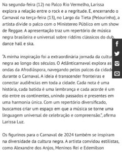 Larissa Luz Instagram - Vem Carnavaaaal!!! Esse ano vou fazer uma circulação nos palcos que estou chamando de Atlânticarnaval ! Em cada show vou trazer um recorte da música preta brasileira e universal: rap com @karolconka , Reggae com @ministereopublico , uma reverência as cantoras pretas poderosas , e os blocos afros em releituras futuristas! Além disso vou participar do trio da banda que eu gosto: @baianasystem ! Vai ter figurino de @meninosrei , @alexandre_dos_anjos , hayrstyling de @edemilsonandradee e muita energia! Vamos em todos!? Vem navegar! 🥰🩷🍃⚡️ 📸 @caiolirio Figurino: @meninosrei Make: @soujadealves Hair: @edemilsonandradee