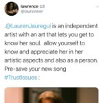 Lauren Jauregui Instagram - So many of you have shared such funny/beautiful/excited thoughts and feelings about receiving #TrustIssues tomorrow which is really MIDNIGHT TONIGHT!! Who’s pre-saved it? And if you haven’t wtf are you doing? Lol go do that right now LOCA (link is exactly where you think it is) (the bio for those of you with poor reading comprehension skills) LOVE YOU AHH #TRUSTISSUES IS ALMOST HERE!! Also feel free to comment why you have trust issues below in the comments👇🏼🥰