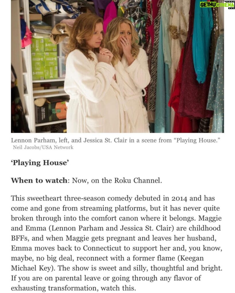 Lennon Parham Instagram - PSA: “Playing House” is now streaming on the @therokuchannel for your comfy cozy weekend viewing. And why did this review in the @nytimes make me cry? Thank you, Margaret Lyons. It is so meaningful to me (and I know @stclairjessica ) that people continue to find comfort in this show. 🏡