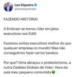 Leonardo Siqueira Instagram - Claro que há outros motivos do porque a Embraer é relevante! Mas, sem dúvidas, isso explica grande parte do seu sucesso!