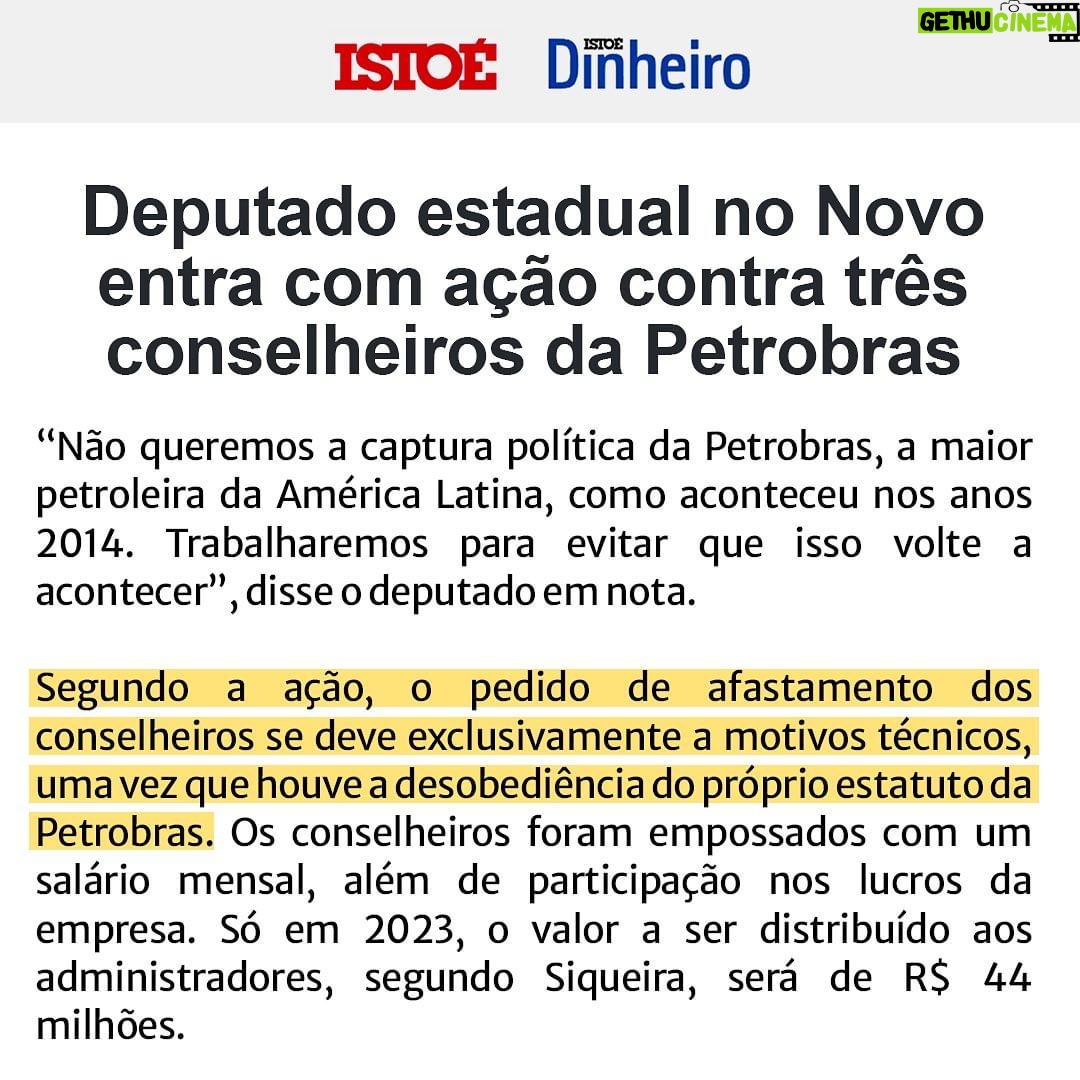 Leonardo Siqueira Instagram - ESSA SEMANA GANHAMOS, MAIS UMA VEZ, A CAPA DOS JORNAIS POR FAZER O ÓBVIO. Não permitir que a Petrobras seja um cabide de empregos para políticos! Entrei com ação para afastar conselheiros com indicações irregulares e garantir que a empresa seja administrada de forma técnica e transparente.