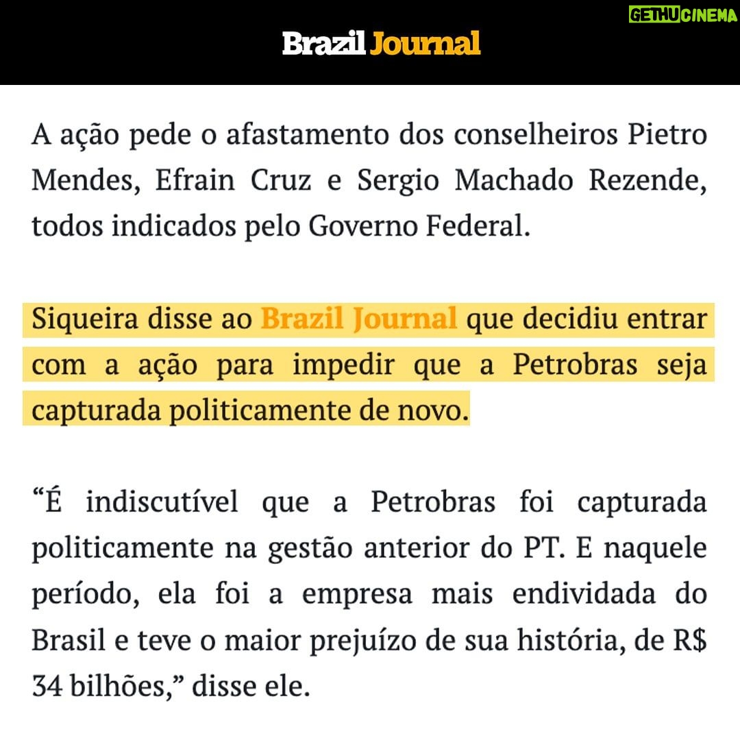 Leonardo Siqueira Instagram - ESSA SEMANA GANHAMOS, MAIS UMA VEZ, A CAPA DOS JORNAIS POR FAZER O ÓBVIO. Não permitir que a Petrobras seja um cabide de empregos para políticos! Entrei com ação para afastar conselheiros com indicações irregulares e garantir que a empresa seja administrada de forma técnica e transparente.