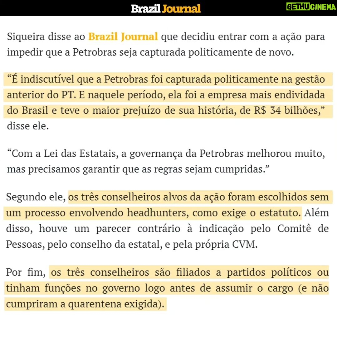 Leonardo Siqueira Instagram - Não aceitaremos a captura política da Petrobras! O nosso deputado estadual @leosiqueirabr entrou com uma ação contra nomeações irregulares no conselho da Petrobras. Ele exige o afastamento de três conselheiros devido a violações do estatuto da maior petrolífera da América Latina. Essas nomeações ignoraram o processo de headhunters e tiveram pareceres desfavoráveis de órgãos competentes. Além disso, algumas delas apresentam conflitos de interesses, com filiações partidárias e cargos governamentais sem respeitar as quarentenas exigidas. Não permitiremos a politização da Petrobras. Não permitiremos os erros de 2014, quando a empresa teve seu pior desempenho histórico, registrando um prejuízo de R$ 34 bilhões!