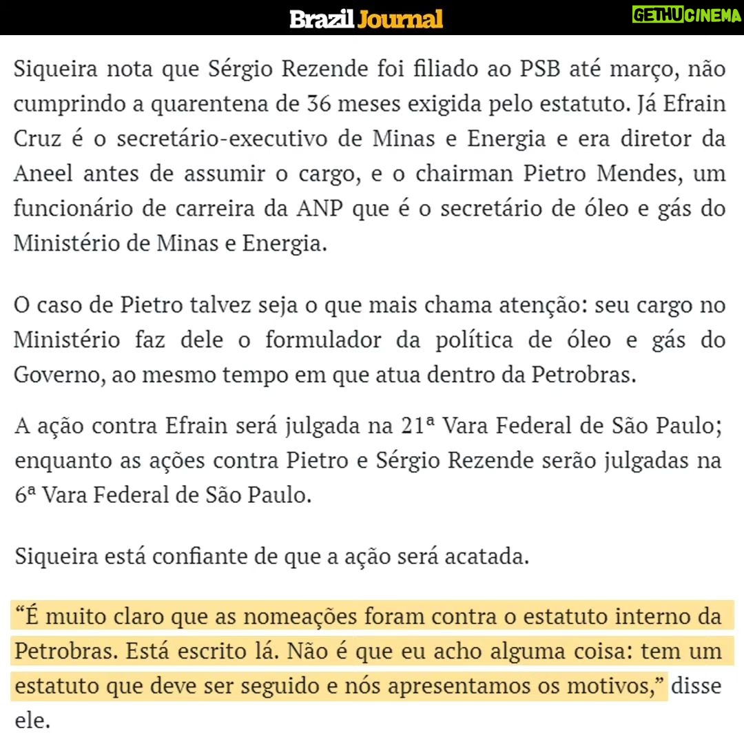 Leonardo Siqueira Instagram - Não aceitaremos a captura política da Petrobras! O nosso deputado estadual @leosiqueirabr entrou com uma ação contra nomeações irregulares no conselho da Petrobras. Ele exige o afastamento de três conselheiros devido a violações do estatuto da maior petrolífera da América Latina. Essas nomeações ignoraram o processo de headhunters e tiveram pareceres desfavoráveis de órgãos competentes. Além disso, algumas delas apresentam conflitos de interesses, com filiações partidárias e cargos governamentais sem respeitar as quarentenas exigidas. Não permitiremos a politização da Petrobras. Não permitiremos os erros de 2014, quando a empresa teve seu pior desempenho histórico, registrando um prejuízo de R$ 34 bilhões!