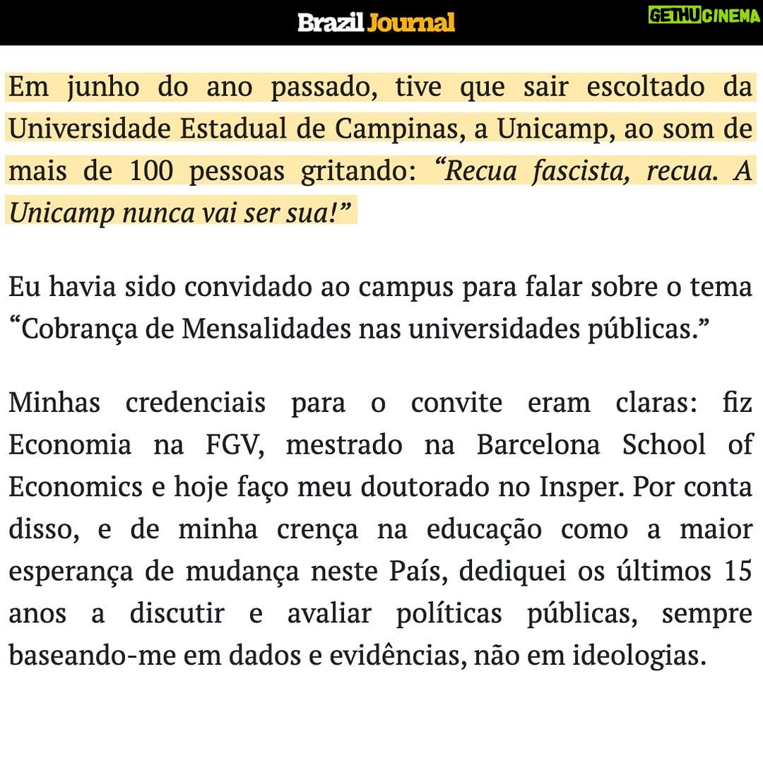 Leonardo Siqueira Instagram - Meu artigo no @braziljournal. A ciência, algo que é feito diariamente na Unicamp, não teme o contraditório; ela o encara como uma oportunidade para questionar, aprender e evoluir. Por que que esses “ativistas” da Unicamp têm tanto medo do debate?