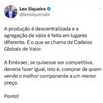 Leonardo Siqueira Instagram - Claro que há outros motivos do porque a Embraer é relevante! Mas, sem dúvidas, isso explica grande parte do seu sucesso!