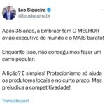 Leonardo Siqueira Instagram - Claro que há outros motivos do porque a Embraer é relevante! Mas, sem dúvidas, isso explica grande parte do seu sucesso!
