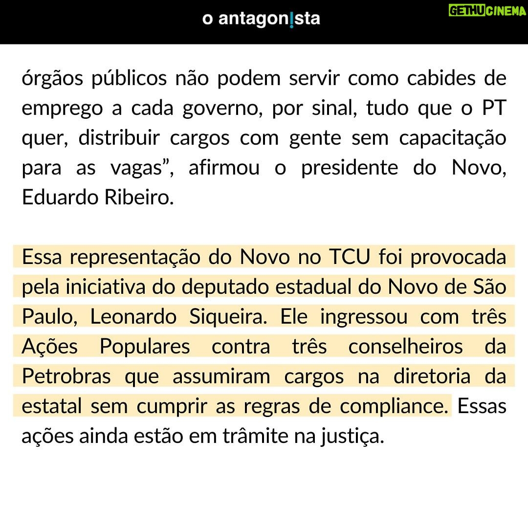 Leonardo Siqueira Instagram - Trabalha y Trabalha! Não deu nem 1 ano de mandato. Já afastamos sindicalista da Previ. Já aprovamos Projeto de Lei. Já pedimos afastamento de conselheiros da Petrobras. Já passamos o rolo compressor nos populistas! Isso que somos Deputado Estadual ainda.