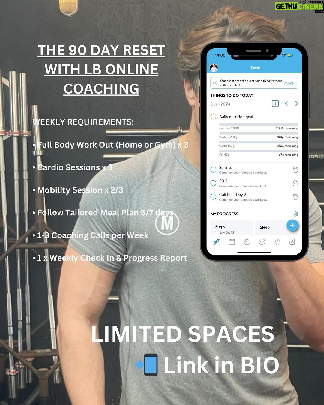 Lewis Bloor Instagram - LBOC - The 90 Day Reset π Building a healthy balanced lifestyle will be the single most important decision you make this year - because everything directly improves because of this choice. Hereβs what it takes π πͺπ 3 Workouts per week (Gym or Home) ππ± 5 Days a week on a meal plan that works for you and your goals πββοΈβ‘οΈ 3 Cardio Sessions (Walking, Running, Swimming) π€Έπ§π½ββοΈ 2 Mobility Sessions π¨βπ»π€ 3 Coaching Calls per week If you run this for 90 DAYS - EVERYTHING will change. So tell me, whats your Goal for the end of MARCHβ¦? πππ₯ #FitLifeJoy #WellnessWarrior #SculptingSuccess #MindfulMovement #ConfidenceRevolution #FatLossJourney #HealthyHabits #BodyMindBalance #TrainSmart #NutritionNinja #LifestyleReset #GymGrit #MindsetMastery #BeYourBestSelf #RevitalizeYourRoutine #SelfCareSaga #TransformationTuesday #FitnessFun #DisciplineDose #MindfulEating #StrengthInConsistency #BodyPositiveVibes #MotivationMonday #LiveLoveLift #HealthyHustle #BodyMindSoul #WellnessWednesday #SuccessSweat #JoyfulFitness #MindfulMondayMagic