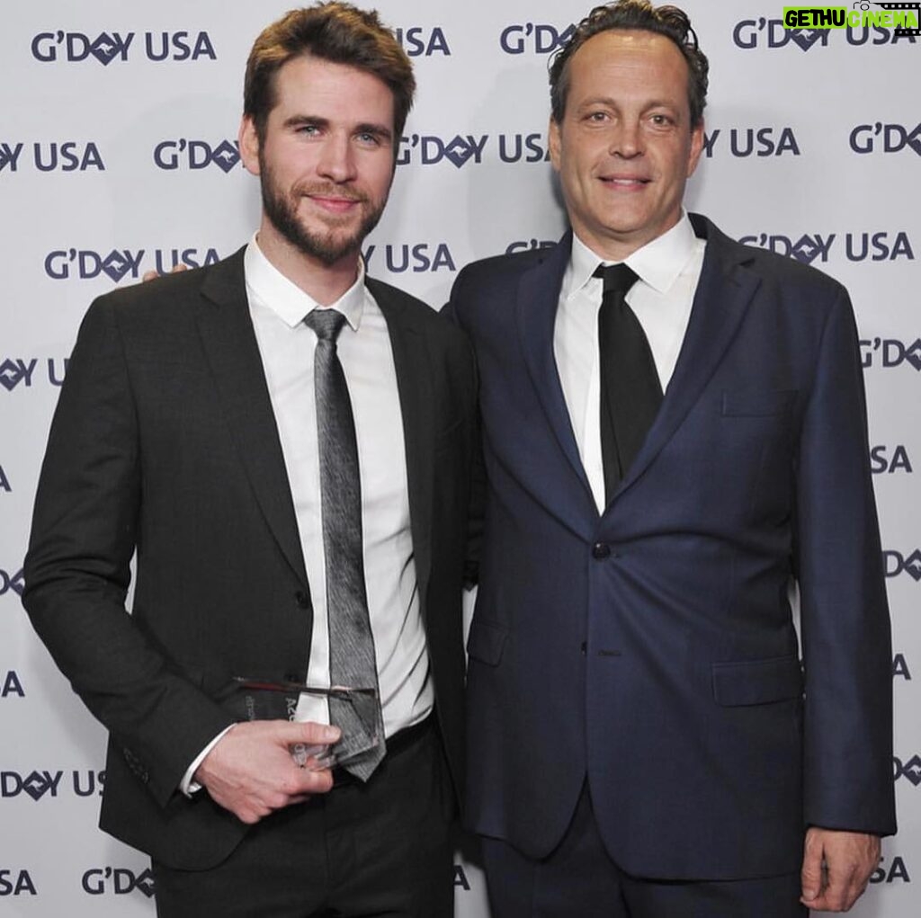 Liam Hemsworth Instagram - Thanks again to @gdayusa for the honor. And thanks to my friend Vince for taking the time to present this award. Very grateful.