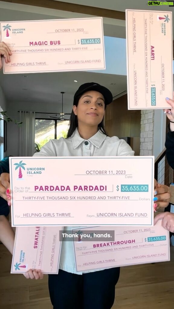 Lilly Singh Instagram - We’re writing checks ✍🏽💰 @unicornisland Thanks to your generous support of my Birthday campaign, we raised $178K to support 5 community-based organizations in India. This is multiple times bigger than what we raised and donated last year. This is the energy 👏🏽 As promised, today on #dayofthegirl, I am excited to announce Unicorn Island Fund’s 2023 grantees. Aarti, Breakthrough, Magic Bus, Pardada Pardadi and SwaTaleem share our vision and belief that every girl should be able to learn, thrive and live life without limits. Our grants to these organizations make this a reality for so many more girls in India. A little more about these extraordinary organizations: 👧🏽 Aarti provides a home for orphaned and abandoned girls, preserves their childhoods and helps educate and guide them towards a secure future. 👧🏽 Breakthrough works to create a cultural shift in India that makes discrimination and violence against women and girls unacceptable. 👧🏽 Magic Bus helps young girls in India complete high school, delay their age of marriage and learn critical life skills to break the cycle of poverty.  👧🏽 Pardada Pardadi develops girls in rural India into confident young women through education, employment and empowerment.  👧🏽 SwaTaleem creates thriving school communities for girls belonging to some of the most underprivileged communities in India. 3 of these organizations are repeats from last year and 2 of them are new grantees. But want to know what’s amazing? All 5 of these community-based organizations were introduced to Unicorn Island Fund by YOU... our community. Thank you for your recommendations!  Please continue to bring us organizations and people who are moving the needle when it comes to gender equality and make sure you follow @aartiforgirls, @inbreakthrough, @magic.bus,  @pardadapardadi and @swataleem_ngo.  Thank you again! Let’s keep working 💜   #UnicornIslandFund #UIF