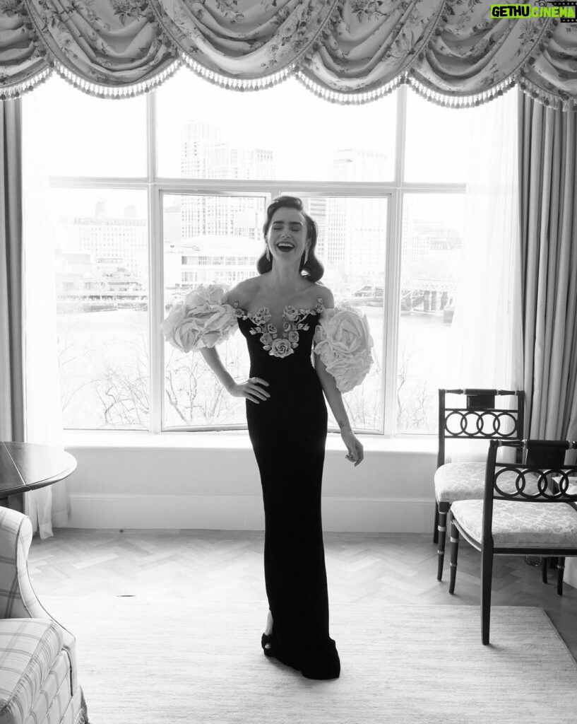 Lily Collins Instagram - All dressed up last night for the @bafta Awards! So honored to be included in such a special evening — and to present the award for special effects. Loved being back in London for a minute - and so fun to see so many friends and peers across the pond...