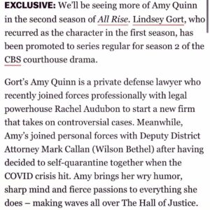Lindsey Gort Instagram - life can be pretty spectacular. overwhelmingly grateful to be an official member of @allrisecbs. i have loved this part from the moment the audition came to my inbox, and have had a death grip on it ever since. the cast, the crew, the creators, the producers, the writers- everyone went out of their way to make me feel like part of the family from day 1, now it’s just official. can’t wait to get back in the courtroom. also Breonna Taylor’s murderers are still free. #allrise #allrisecbs