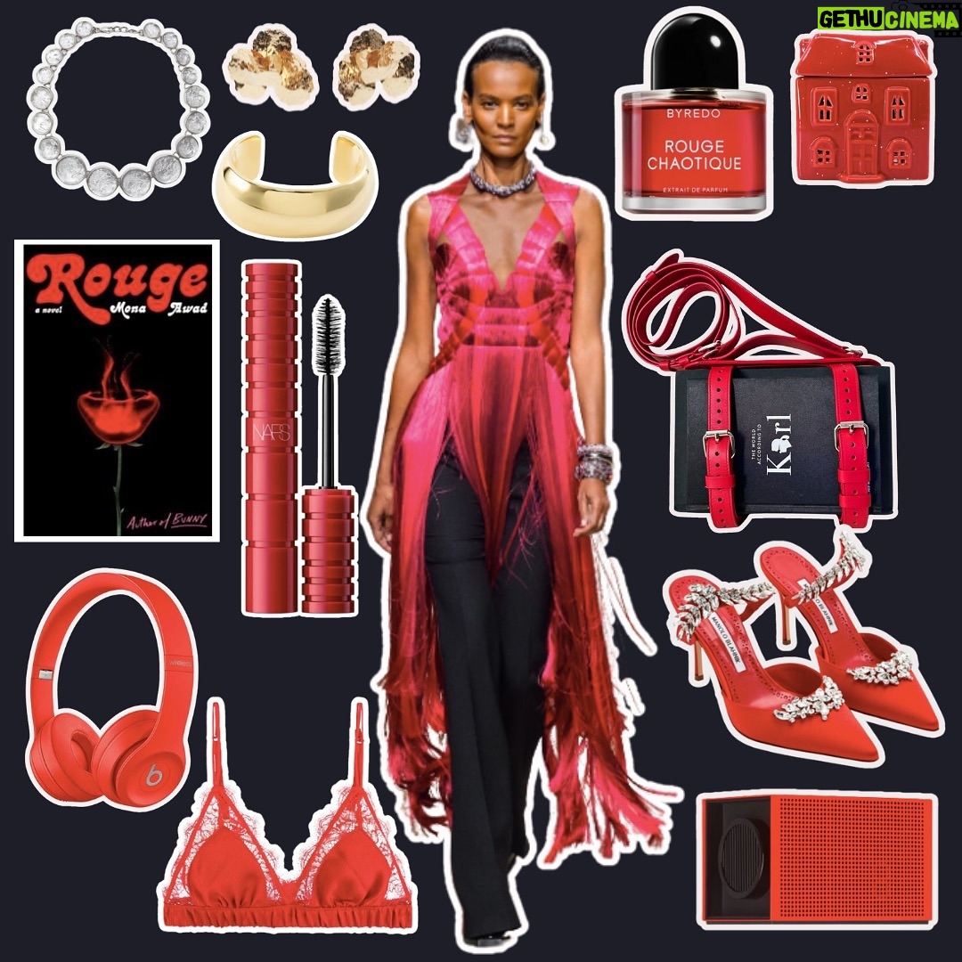 Liya Kebede Instagram - Rouge! Full red style with #bbbookbag cerise 🍒 ONLY 1 left ! Rouge de @misss_read Bralette bra @poloralphlauren Boucles d’oreilles en métal fleurs @zara Rouge chaotique @officialbyredo Mascara climax @narsissist Red house brûle parfum @lightandbubble Fleur mécanique 2 @fredericmalle Mules en satin lurum @manoloblahnik Casque RED @beatsbydre BB bookbags available on my website (link in bio). Order until December 17th to get it on time 🌲