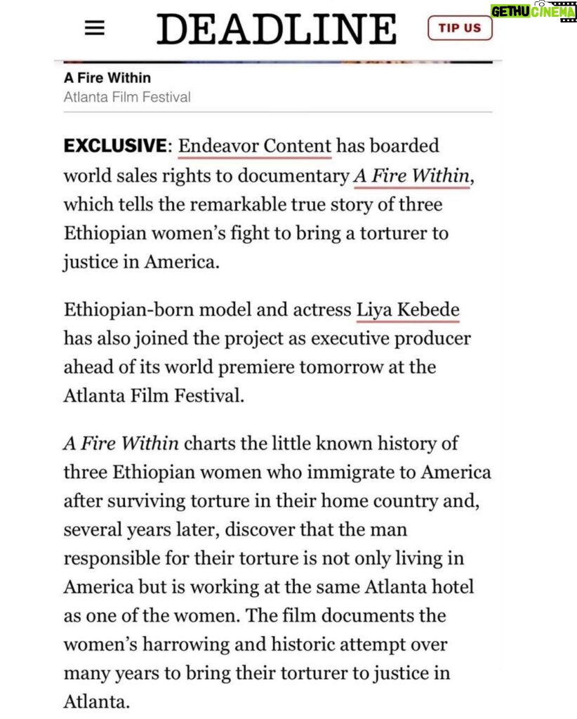 Liya Kebede Instagram - Happy to announce that the documentary film @AFireWithinDoc, an incredible true story that chronicles the life of 3 Ethiopian women who immigrate to the US after surviving torture in their home country, only to discover that their torturer was not only living in the US but was employed at the same hotel as the women, debuts tomorrow 🎞✨🤍🇪🇹 Thank you @thechambaz for bringing me onboard this very special story 🙏🏽. Join a special event outdoor screening event at Atlanta Film Festival  #AFireWithinDoc #ATLFF21 (link in bio for tickets virtual & drive in)