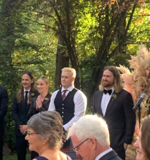 Liz Trinnear Instagram - Two of my favorites got married last weekend and it took me over a week to recover from smiling so hard (and to make this post) 😭😂💕
Their wedding was so full of love, happiness and magic, it was like a real life fairytale ✨
@lauramosescollins looked like a princess and @matthewstylist is her prince. 
I’ve known Matt for 12 years now and I’ve NEVER seen him so darn happy (and that’s saying a lot because he’s the happiest, most positive guy I know). Standing by his side as a groomswoman was an honor 💕 Laura is the kind of person you hope your best friend marries and I like to think that Matt is not the only lucky one here, we all gained Laura as a friend and I’m forever grateful. WHAT A BLAST! 💕💕💕
(Also - @nathanielmotte said I was serving up some Neo from the matrix vibes in my custom @alfredsung suit dress 😂 - hence photo number 3) 
Also also - shoutout to @reformation for making us gals look extra special for rehearsals 💕