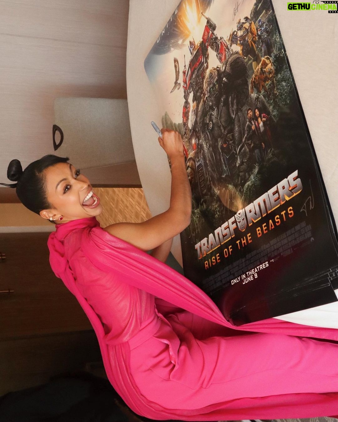 Liza Koshy Instagram - Barbie pink for opening day of @transformersmovie • swipe for spoilers Brooklyn, New York