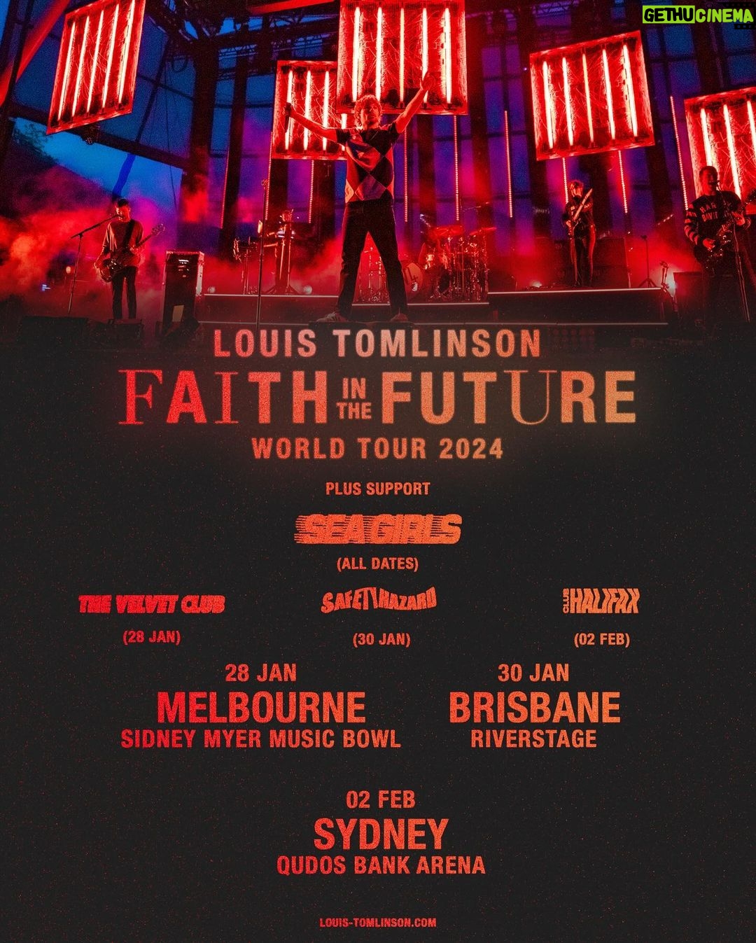 Louis Tomlinson Instagram - FAITH IN THE FUTURE WORLD TOUR 2024. AUSTRALIA. I can’t wait to get back on the road this month. Joining me in Australia will be @seagirls @thevelvetclubmusic @safetyhazard.band and @clubhalifax Tickets on sale now. Link in bio.