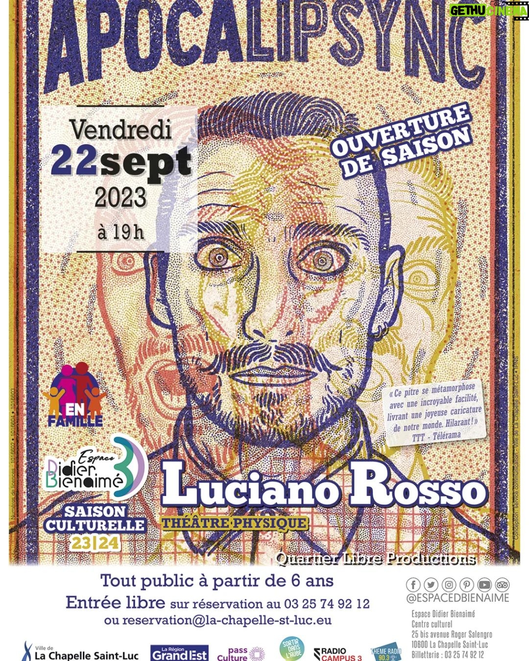 Luciano Rosso Instagram - 💣 Après un succès au Festival Off Avignon 2023 au Théâtre du Chêne Noir, Luciano Rosso ouvre la saison culturelle de la ville de Ville de La Chapelle Saint-Luc à l'Espace Didier Bienaimé avec son incroyable seul en Scène APOCALIPSYNC 💥 Département de l'Aube