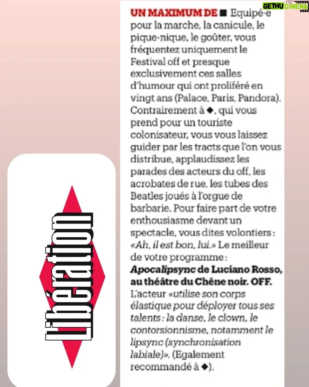 Luciano Rosso Instagram - Article du jour : @luciano_rosso dans @liberationfr 🔺 Son seul en scène Apocalipsync à (re)découvrir exceptionnellement au @theatreduchenenoir les lundis 10-17 & 24 juin 16h00 dans le cadre @festivaloffavignon 🌳 #liberation #apocalipsync #lucianorosso #quartierlibre #theatreduchenenoir #avignonoff #festivaloffavignon2023 #humour #comedie #danse #lipsync #seulenscene Festival Off Avignon