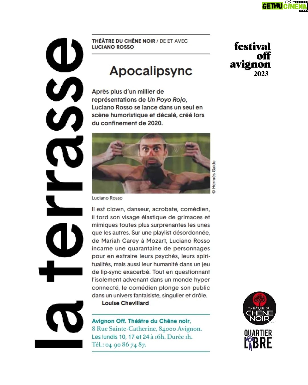 Luciano Rosso Instagram - L'acrobate, clown, comédien et danseur Luciano Rosso plonge son public dans un univers fantaisiste, singulier et drôle ! 🤡 Merci La Terrasse 🗞️ 3 dates exceptionnelles les lundis 10, 17 & 24 juillet au Théâtre du Chêne Noir dans le cadre du Festival Off Avignon ! 🌞 #quartierlibreproductions #qlp #quartierlibre #lucianorosso #apocalipsync #laterrasse #humour #theatrephysique #clown #acrobate #comedien #theatreduchenenoir #poyorojo #avignonoff #festivaloffavignon2023