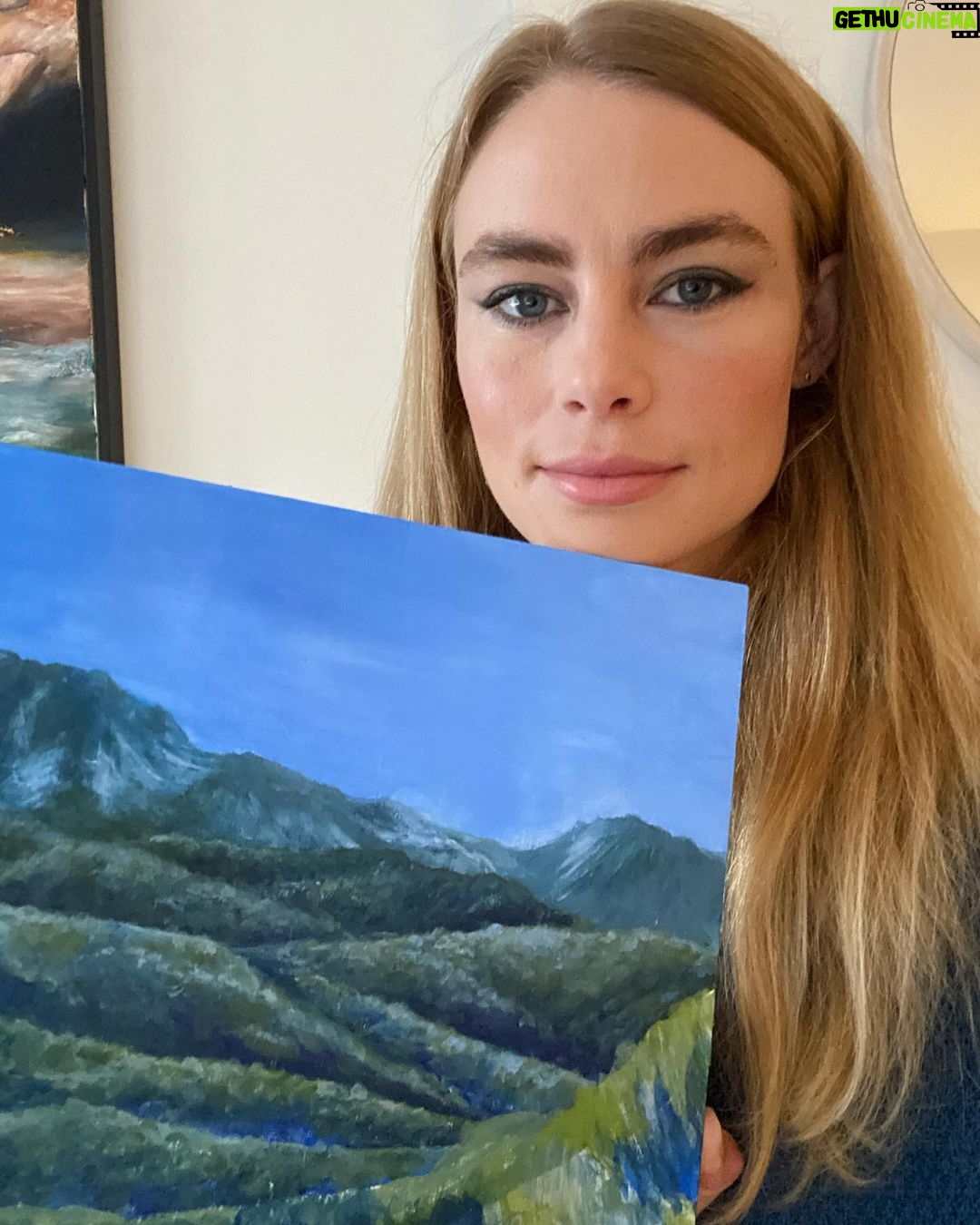 Lucy Fry Instagram - Peeking through the process 👀 This isn’t my favorite painting that I’ve done, but it was a particularly peaceful one :) swipe to see where it landed!