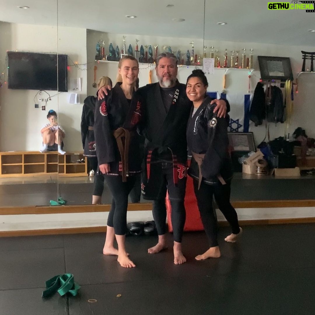 Lucy Fry Instagram - ‘Things that happen in your life, they’re just obstacles. You’ve got legs, arms, your head... You have all the tools you need to conquer anything’ - @alexandermesquita Thank you Sensei for pushing me through the rough times and the great times to get to this brown belt.