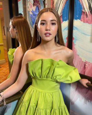 Lucy Paez Instagram - Feeling fierce in the LIME light in my @saulee ruffle dress and @charleskeithofficial shoes for press day on #TheMother @netflix out May 12th
#styled by @marc_eram 
#hair by @rebekahforecast 
#makeup by @gitabass