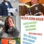 Lukáš Pavlásek Instagram – I v nové sezóně se budeme každý měsíc potkávat na poetické Talk show Večer jedna báseň. 
Zářijový Večer jedna báseň se uskuteční v úterý 26.9 od 20:00 v Anti.kvariatu Dejvickeho divadla. Mými hosty budou herečka Bára Jánová a novinář a scénarista Jan Malinda.
Budeme číst básně a povídat si o poezii, o umění a o životě. 
Vstupenky mají v obvyklých předprodejích a na pokladně DD! Výtěžek večera jde opět na dobrou věc!Těšíme se na vás, každý milovník poezie  je mezi námi vítán!

#vecerjednabasen #talkshow #poezie #barajanova #janmalinda #lukaspavlasek #povidani #literatura #dejvickedivadlo #kavarna #antikvariat #novasezona #zari Dejvické divadlo