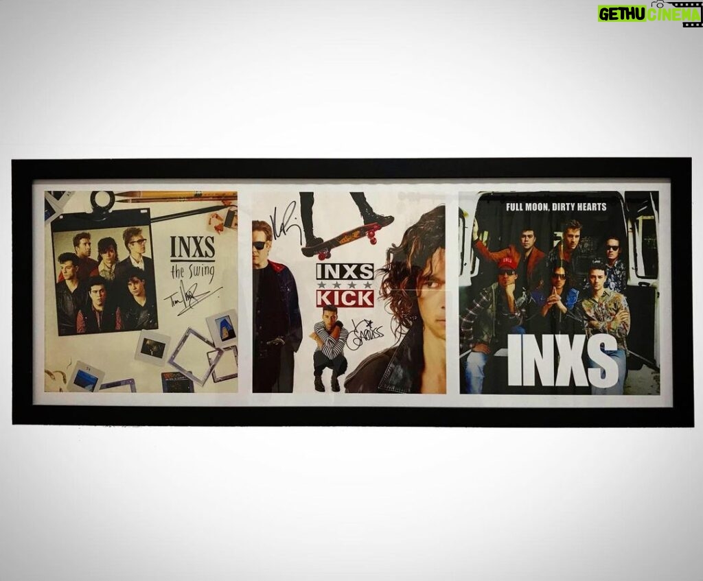 Luke Arnold Instagram - Back in Melbourne and one of the coolest gifts I’ve ever been given is hanging on the wall of the family home. The remade album covers from Never Tear Us Apart signed by the actual members of @officialinxs It was the greatest honour to tell this story alongside such legends. Still blows my mind