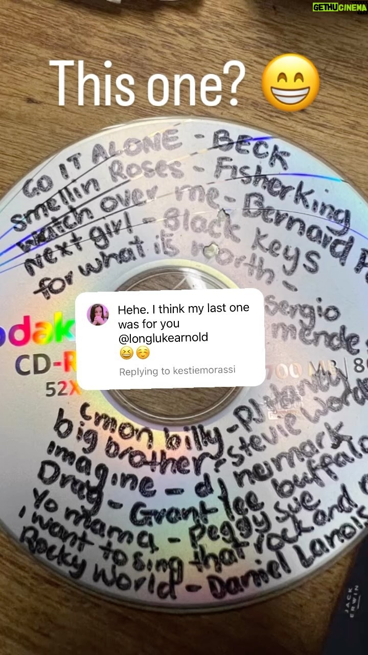 Luke Arnold Instagram - Gotta love someone who writes the names of the tracks on the CD so even when it’s all scratched up and you don’t own a CD player anyway, you can still find them all on Spotify. Thanks for the tunes @kestiemorassi 🥰