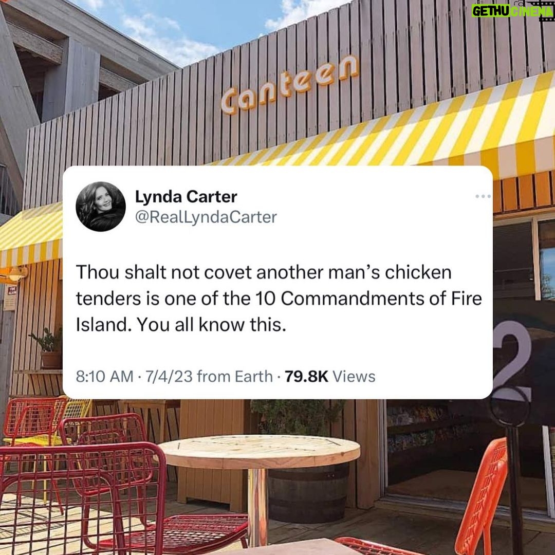 Lynda Carter Instagram - When Wonder Woman has to get involved, you know we did wrong. #fireisland #chickentenders #lyndacarter Fire Island Pines